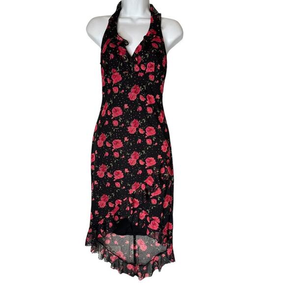 VTG Y2K Rampage Dark Floral Mesh Halter Babydoll Whimsygoth Fairy Slip Dress S - Picture 2 of 13